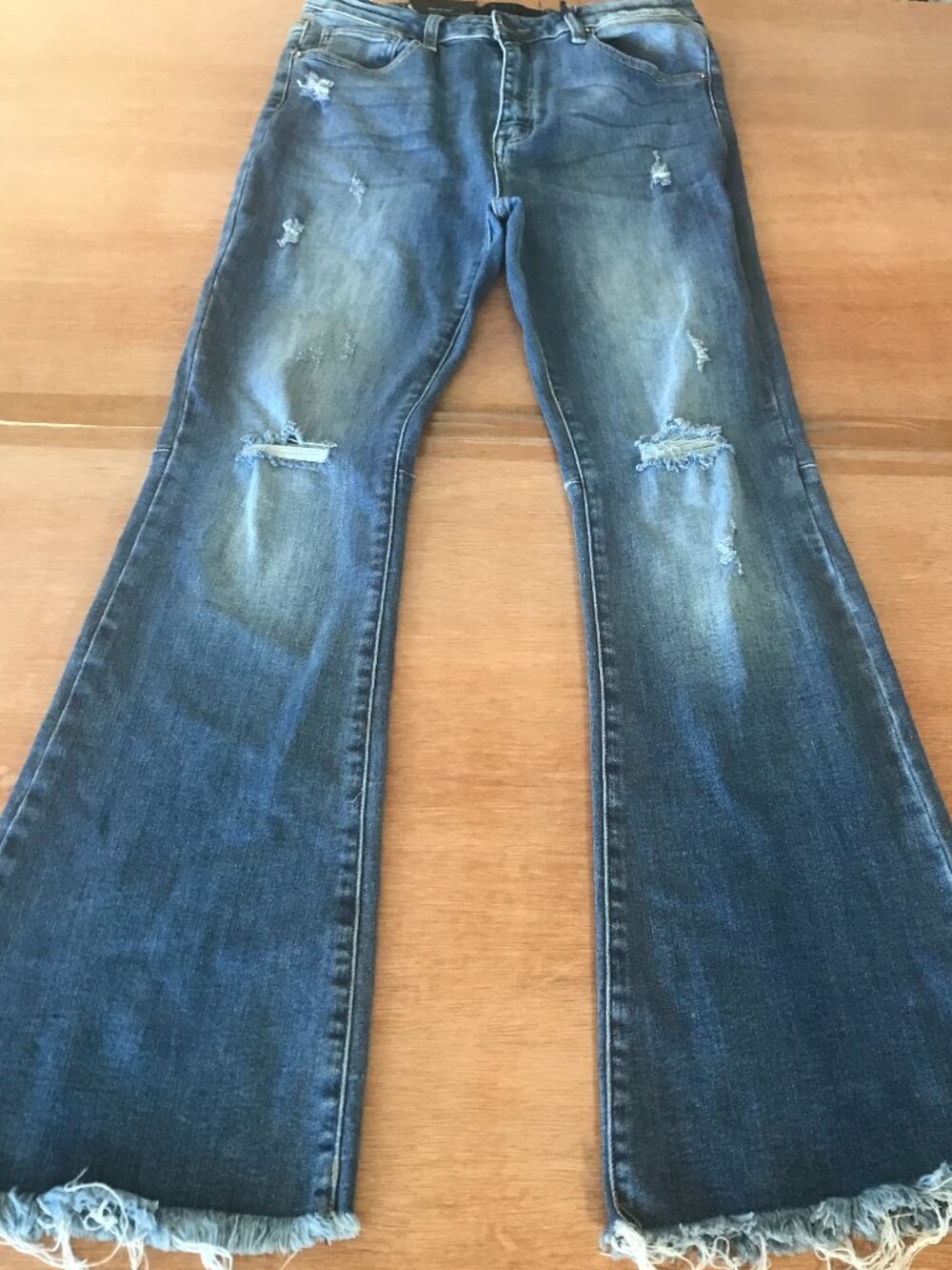 Risen Flare Jeans Women 30 Blue High Rise Distressed Medium Wash Sculpting 20150